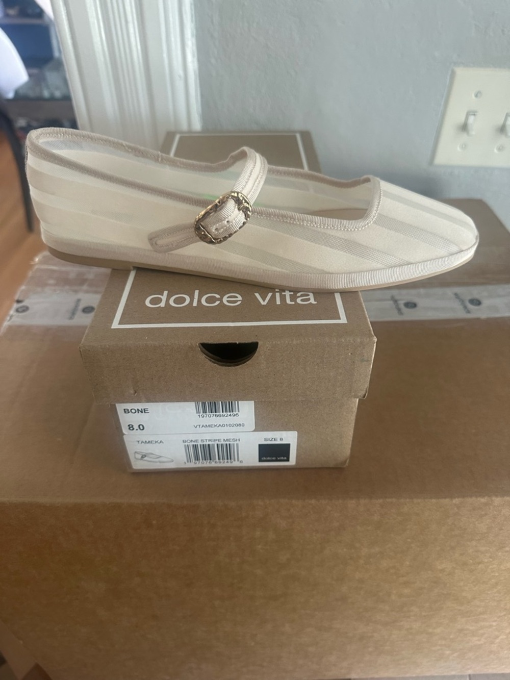 Dolce Vita Bone Striped Mary Jane Flat with Decorative Buckle-Right Foot 1 Shoe